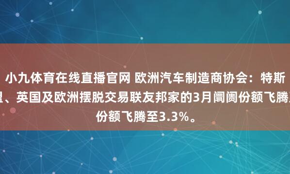 小九体育在线直播官网 欧洲汽车制造商协会：特斯拉在欧盟、英国及欧洲摆脱交易联友邦家的3月阛阓份额飞腾至3.3%。